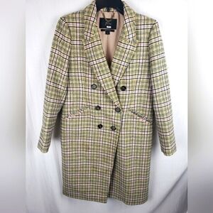 J.Crew Italian Wool Womens Green/Ivory Plaid Button Down Midi Length Coat Sz 2